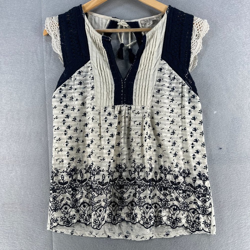 Lucky Brand Womens Peasant Tops S Cream Boho Flutter Sleeve Crochet Lace Boho